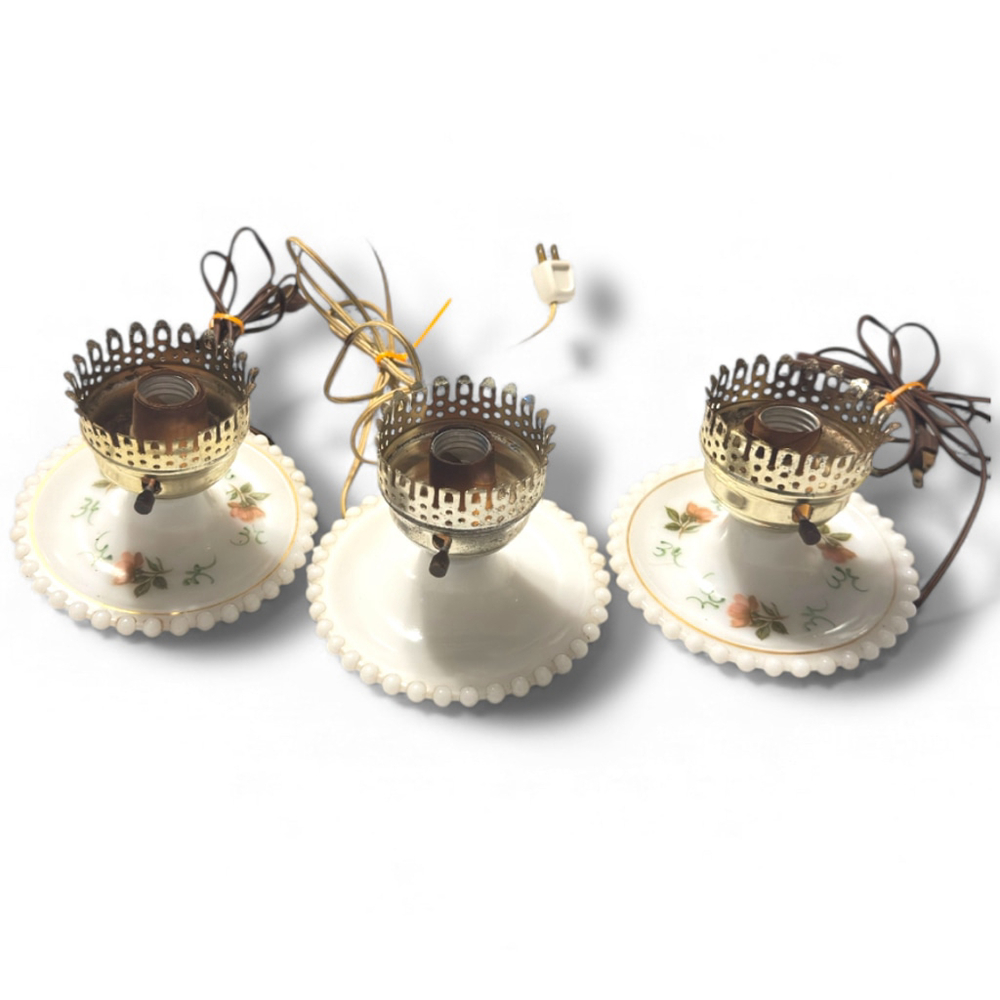 Vintage Milk Glass Lamp Bases Set of 3 Hobnail Floral 1940s-50s Cottage Farmhous